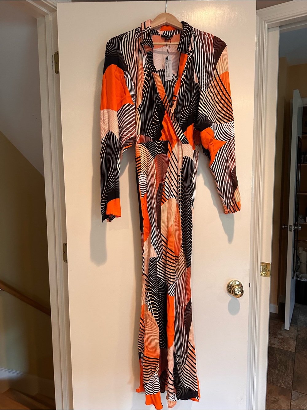 Karen Millen Orange, Black and Cream Graphic Wrap Maxi Dress